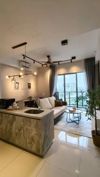 Living features: sofa in cream fabric, coffee table, area rug with geometric pattern, floor-to-ceiling windows, curtains in grey, ceiling fan with integrated light, wall-mounted artwork, decorative plant in ceramic pot, open kitchen layout, kitchen island with sink, pendant lighting above kitchen island, marble countertop, tile flooring, neutral painted walls; style: modern; view: city.