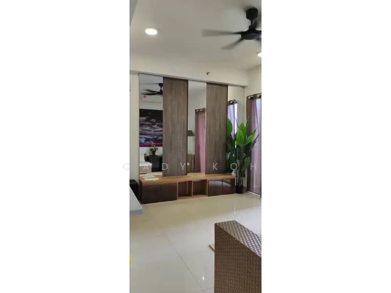 Living features: white painted walls, glossy tile flooring, 5-blade ceiling fan with light, large mirror wall, wooden console table, indoor plants, sheer curtains, dark wood cabinetry; style: modern.