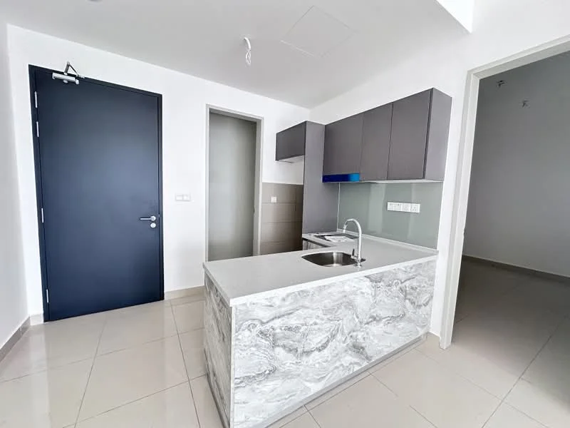 Kitchen features: grey cabinetry, white marble countertop, stainless-steel sink, chrome pull-down faucet, built-in oven, ceramic tile flooring, white painted walls, island counter with seating, recessed downlights; style: modern. Room features: white painted walls, ceramic tile flooring, doorway leading to another room.