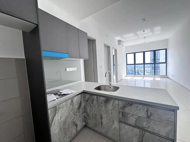 Kitchen features: grey cabinetry with marble pattern, white quartz countertop, single-bowl stainless-steel sink, chrome pull-down faucet, built-in oven, freestanding range oven, open layout to living area, tile flooring; style: modern; view: city. Living features: floor-to-ceiling windows, air conditioning unit, neutral painted walls, tile flooring, natural light, open layout to kitchen; style: modern; view: city.