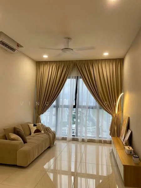 Living features: 3-seater fabric sofa in beige, floor-to-ceiling windows, sheer curtains, dropped ceiling, recessed LED downlights, 5-blade ceiling fan, glossy tile flooring, wooden TV console, decorative wall lamp, decorative artwork on wall; style: modern; view: city.