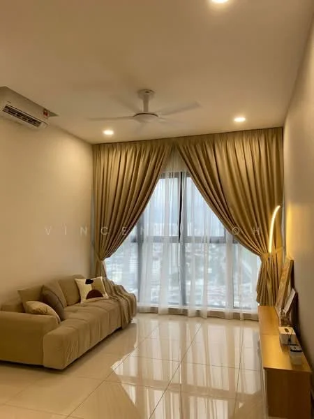 Living features: cream painted walls, glossy tile flooring, 5-blade ceiling fan with light, floor-to-ceiling windows, sheer curtains, heavy drapes, sofa in beige fabric, wooden TV console, decorative wall lighting; style: modern; view: city.