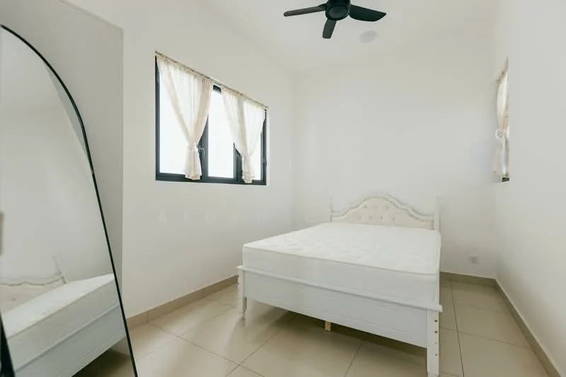 Bedroom features: white painted walls, tile flooring, ceiling fan, two windows with sheer curtains, mirror wardrobe, unmade bed frame, neutral color scheme; style: minimalist.