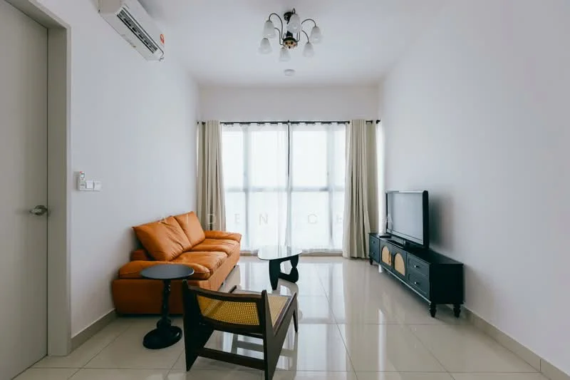 Living features: orange leather sofa, glass coffee table, black TV console, wall-mounted TV, floor-to-ceiling windows, sheer curtains, white painted walls, glossy tile flooring, 1 wall-mounted split AC, 3-bulb pendant light; style: modern.