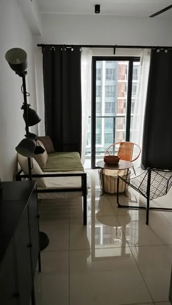Living features: sofa with green cushion, black floor lamp, round coffee table, woven chair, floor-to-ceiling windows, sheer curtains, blackout curtains, glossy tile flooring, white painted walls, ceiling fan; style: modern; view: city.