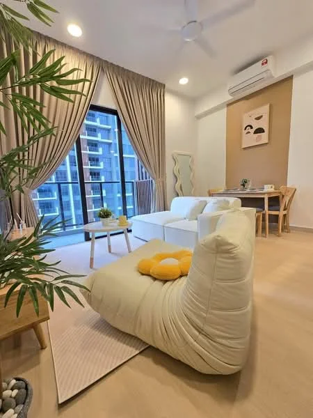 Living features: 3-seater fabric sofa in white, bean bag chair in cream, coffee table, area rug, floor-to-ceiling windows, sheer curtains, wooden dining table, 4 dining chairs, wall-mounted air conditioning unit, decorative plant, light wood flooring, accent wall with artwork; style: modern; view: city.