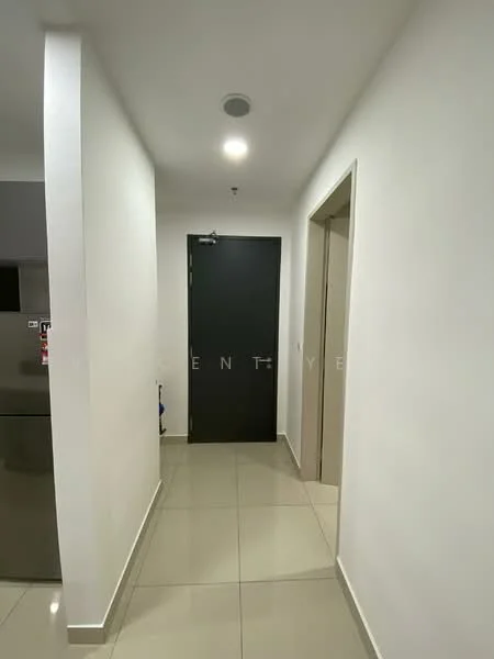 Room features: white painted walls, grey tiled flooring, single door, light ceiling with recessed lighting, door with black finish, door frame with light colour, wall-mounted light fixture; style: modern.