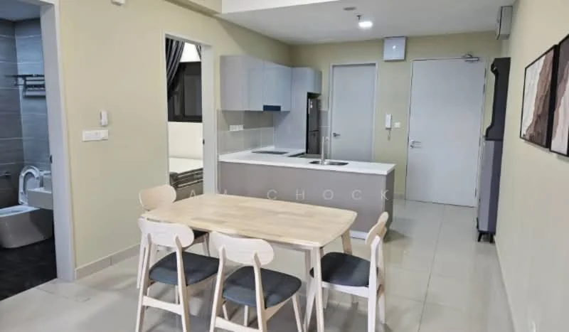 Kitchen features: grey cabinetry, white countertop, stainless-steel sink, built-in stove, built-in oven, refrigerator, pendant lighting, tile backsplash, open layout, dining table with four chairs, white walls, sliding door to another room; style: modern. Dining features: dining table, four wooden chairs, light wood finish, neutral color scheme; style: modern.