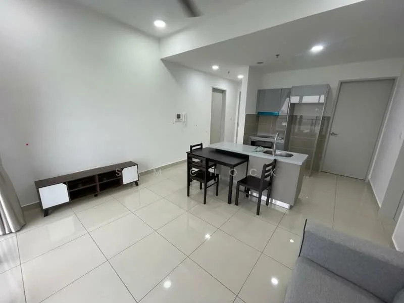 Living features: white painted walls, glossy ceramic tile flooring, recessed downlights, sofa in grey fabric, coffee table, TV console, dining table for 4, black dining chairs, kitchen island with seating, built-in kitchen cabinetry in grey, stainless-steel sink, built-in oven, electric stove, fridge, open layout; style: modern.