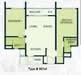 Floor plan: 2-bedroom 1-bathroom unit; features: open-plan kitchen-dining-living, master bedroom with ensuite bathroom, bedroom 2 with shared bathroom, utility room, central foyer.