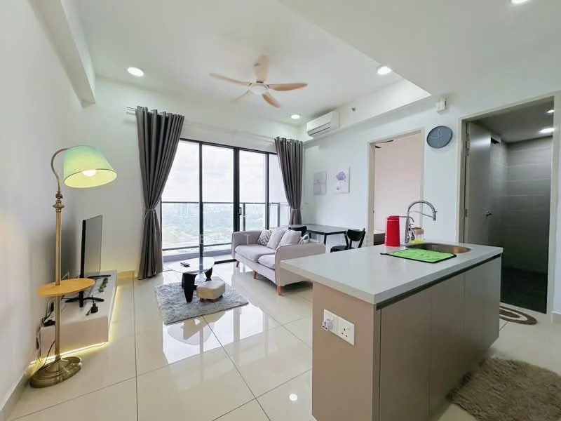 Living features: 3-seater fabric sofa in grey, coffee table, wall-mounted TV, floor-to-ceiling windows, sheer curtains, 5-blade ceiling fan with light, area rug with geometric pattern, decorative lamp, light-colored walls, glossy tile flooring, recessed downlights; style: modern; view: city. Kitchen features: kitchen island, stainless-steel sink, chrome pull-down faucet, countertop with light-colored surface, built-in cabinets, stainless-steel appliances; style: modern.