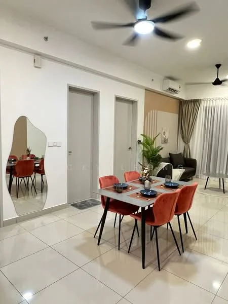 Dining features: 4-seater dining table, red upholstered dining chairs, decorative mirror on wall, potted plant on table, ceramic tableware, white walls, recessed downlights, floor-to-ceiling curtains, sliding glass door, grey sofa in background, air conditioning unit on wall, tile flooring; style: modern. Living features: grey sofa, floor-to-ceiling curtains, recessed downlights, air conditioning unit on wall; style: modern. Hallway features: white painted walls, two doors leading to unknown rooms; style: modern.