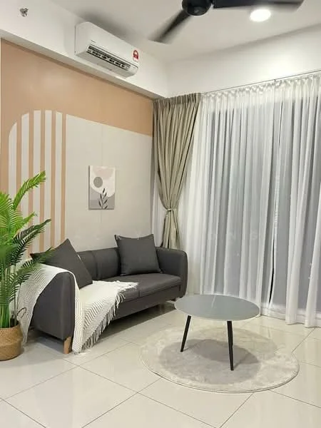 Living features: grey fabric sofa, 2 grey cushions, white throw blanket, round coffee table with black legs, area rug, floor-to-ceiling windows with sheer curtains, curtains in beige, wall-mounted split AC, decorative plant in a pot, wall art with floral design, painted accent wall in beige with geometric pattern, white tiled flooring, recessed ceiling lights, ceiling fan; style: modern.