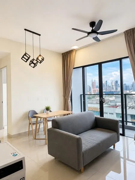 Living features: 3-seater fabric sofa in grey, dining table for 2, 2 dining chairs, 5-blade ceiling fan with light, floor-to-ceiling windows, curtains, glossy tile flooring, city skyline view, decorative pendant lighting; style: modern; view: city.