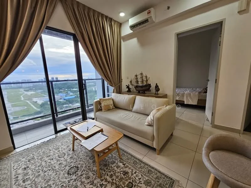 Living features: floor-to-ceiling windows, beige fabric sofa, wooden coffee table, area rug with geometric pattern, curtains, wall-mounted split AC, decorative ship model, decorative wooden sculptures, tile flooring, neutral wall color; style: modern; view: city. Room features: bed with bedding, doorway leading to another room, neutral wall color.