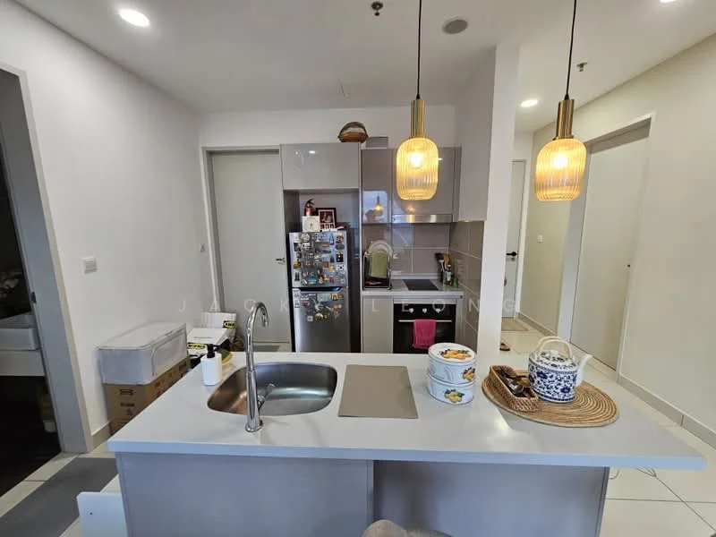 Kitchen features: stainless-steel sink, chrome pull-down faucet, grey cabinetry, white countertop, refrigerator, built-in oven, pendant lighting, open shelving, decorative bowl, kitchen island, wall-mounted cabinets, tile backsplash; style: modern.