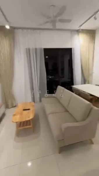 Living features: 3-seater fabric sofa in beige, wooden coffee table, floor-to-ceiling windows, sheer curtains, blackout curtains, recessed downlights, light-coloured walls, glossy tile flooring, ceiling fan; style: modern; view: city.