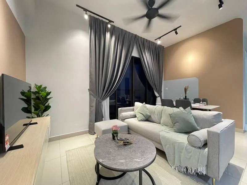 Living features: 3-seater fabric sofa in light grey, decorative cushions in pastel colors, round marble coffee table, wall-mounted TV, light grey curtains, ceiling fan with light, potted plant, light-colored wall with accent panel, tile flooring, recessed lighting, open layout to dining area; style: modern.