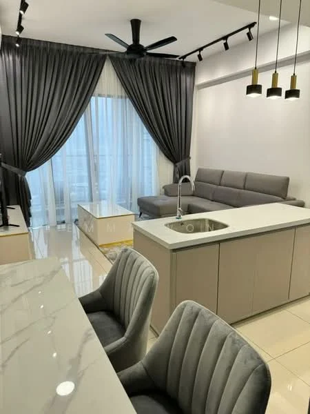 Living features: grey sectional sofa, marble countertop, single-bowl stainless-steel sink, chrome pull-down faucet, pendant lighting with three bulbs, floor-to-ceiling windows, sheer curtains, dark grey drapes, polished tile flooring, ceiling fan, wall-mounted TV, coffee table; style: modern.