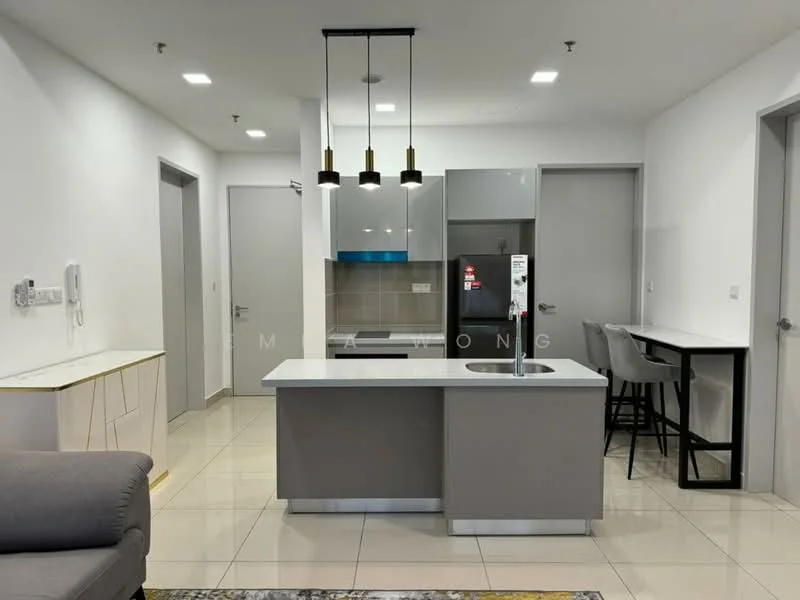 Kitchen features: island kitchen with seating, grey cabinetry, white countertop, stainless-steel sink, chrome pull-down faucet, built-in refrigerator, built-in oven, 3 pendant lights, tile flooring, recessed lighting, open layout, bar stools, wall-mounted cabinets, backlit backsplash; style: modern. Living features: grey fabric sofa, area rug, wall-mounted TV, coffee table, open layout, neutral wall color; style: modern.