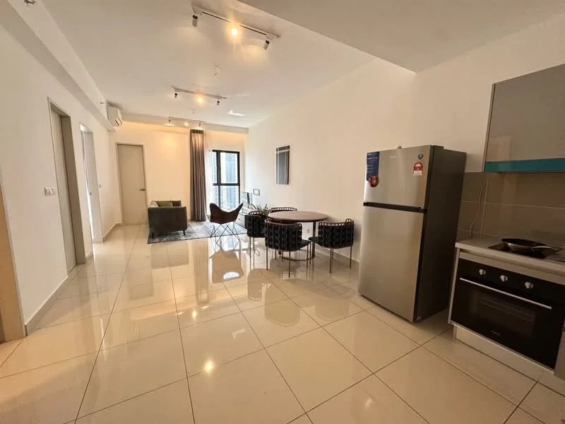 Living features: glossy white tile flooring, white painted walls, recessed downlights, floor-to-ceiling windows, grey curtains, green sofa, round dining table, black dining chairs, stainless-steel fridge, built-in oven, stainless-steel range hood, kitchen countertop, open layout; style: modern; view: city.