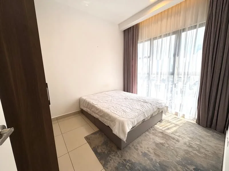 Bedroom features: queen-size bed, white bedding, floor-to-ceiling windows, sheer curtains, dark wood door, light grey upholstered bed frame, beige area rug, cream painted walls, tile flooring, recessed ceiling lights; style: modern.