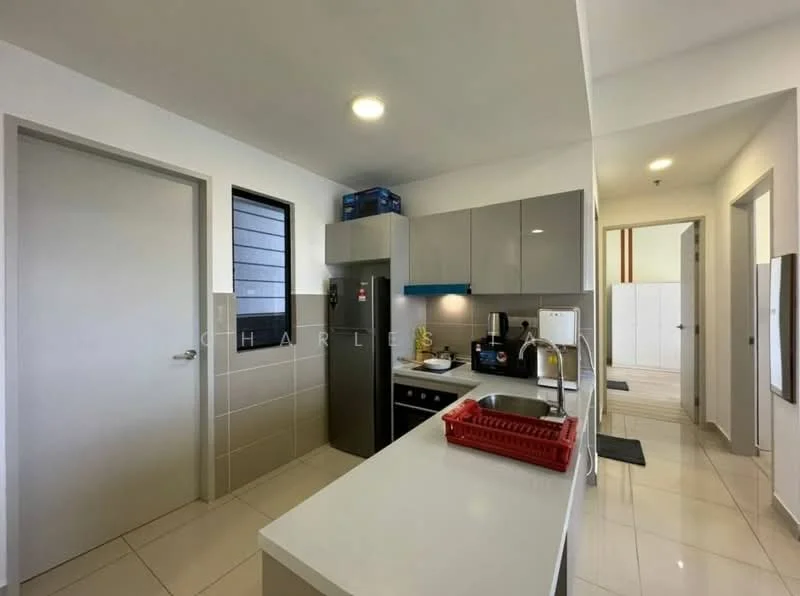Kitchen features: grey flat-panel cabinets, white countertop, stainless-steel fridge, built-in oven, 4-burner gas hob, single-bowl stainless-steel sink, chrome pull-down faucet, tile backsplash, ceramic tile flooring, recessed downlights, window with black frame, door leading to hallway; style: modern.
