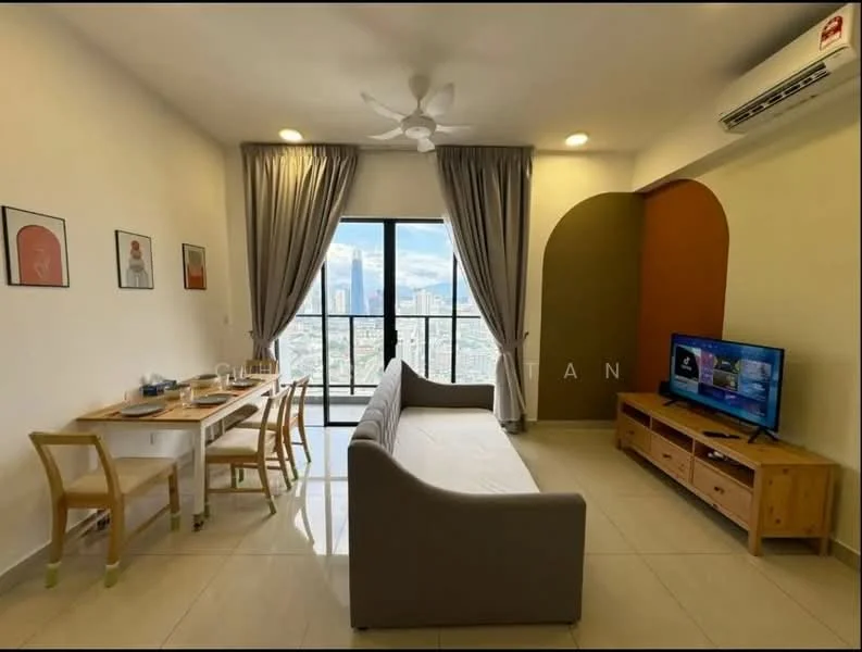 Living features: 3-seater fabric sofa in grey, wooden coffee table, TV console in light wood, wall-mounted TV, floor-to-ceiling windows, curtains in light grey, ceiling fan, white painted walls, cream tiled flooring, decorative artwork on walls, dining table with 4 wooden chairs, green accent wall; style: modern; view: city.