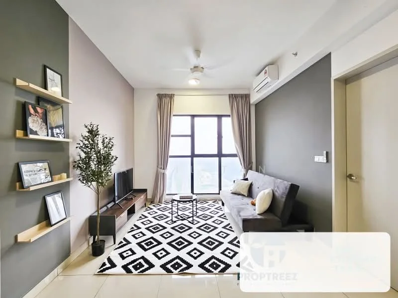 Living features: grey accent wall, light pink wall, 5-blade ceiling fan with light, floor-to-ceiling window, sheer curtains, black and white geometric area rug, 2-seater fabric sofa in grey, wooden TV console, wall-mounted TV, decorative plant in ceramic pot, open shelving with framed artwork; style: modern; view: city.