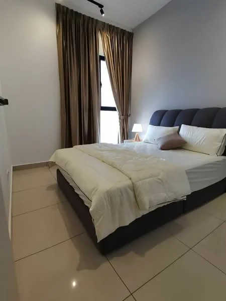 Bedroom features: queen-size bed, upholstered headboard, white bedding, bedside lamp, floor-to-ceiling window, brown curtains, cream painted walls, glossy tile flooring; style: modern.