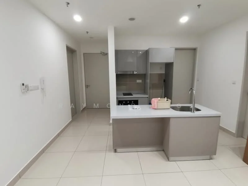 Kitchen features: grey cabinetry, white countertop, single-bowl stainless-steel sink, chrome pull-down faucet, built-in oven, freestanding range oven, ceramic tile flooring, recessed downlights, open shelving, wall-mounted cabinets, neutral painted walls, kitchen island; style: modern.