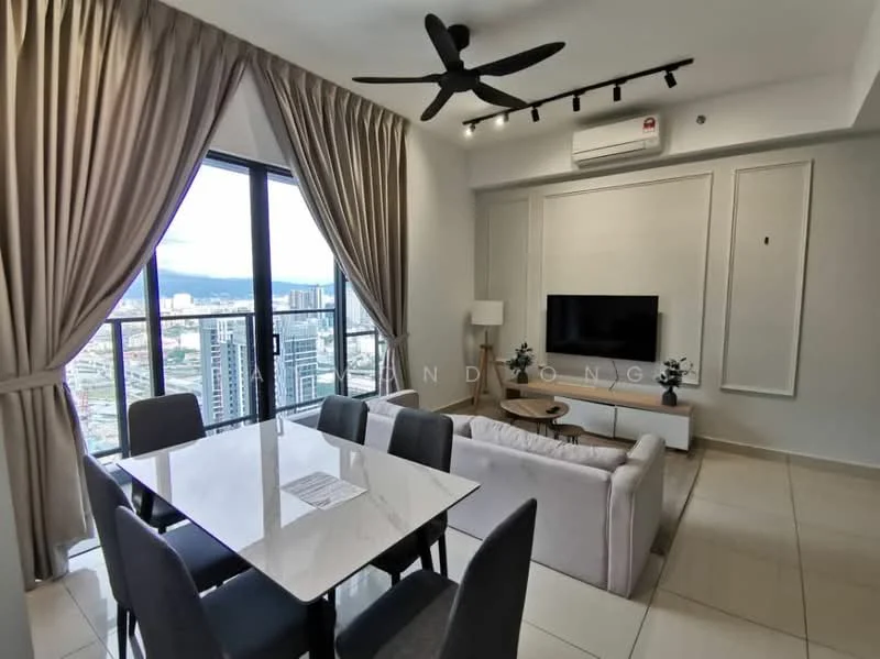 Living features: 5-blade ceiling fan with light, floor-to-ceiling windows, grey fabric sofa, white coffee table, wall-mounted TV, TV console, decorative plants in ceramic pots, recessed downlights, cream painted walls, light-colored tiled flooring, dining table with white marble top, 4 grey upholstered dining chairs, curtains, air conditioning unit; style: modern; view: city.