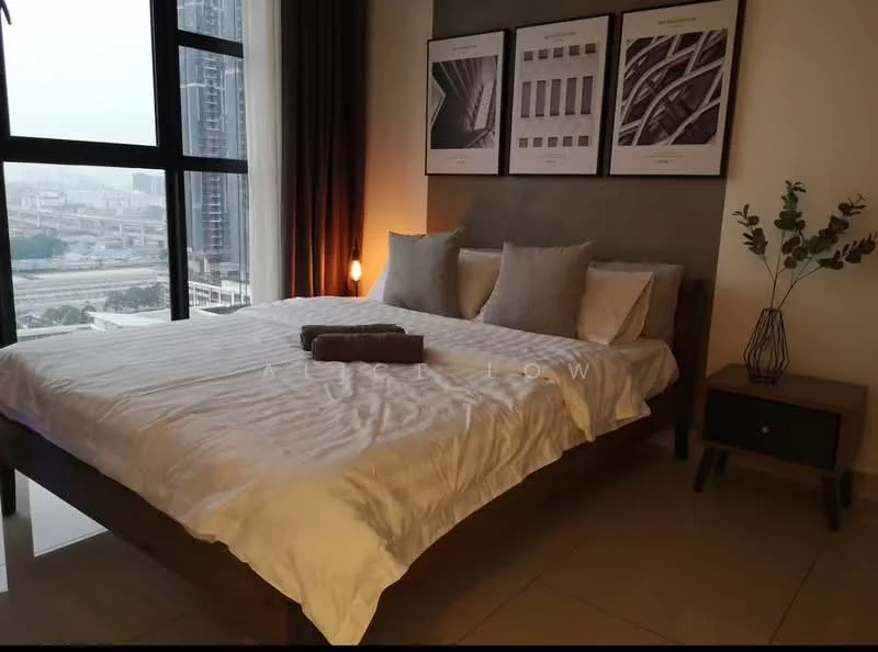 Bedroom features: king-size bed with white bedding, upholstered headboard, two decorative pillows, nightstand with drawer, table lamp, framed artwork on walls, floor-to-ceiling windows, city view, cream painted walls, tile flooring; style: modern; view: city.