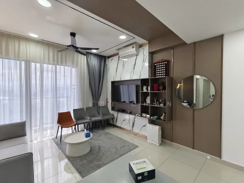 Living features: 3-seater fabric sofa in light grey, 2 accent chairs in orange and grey, round coffee table, area rug with geometric pattern, wall-mounted TV, built-in shelving unit, decorative mirror, recessed downlights, ceiling fan, floor-to-ceiling windows with sheer curtains, white painted walls, tile flooring; style: modern; view: city.