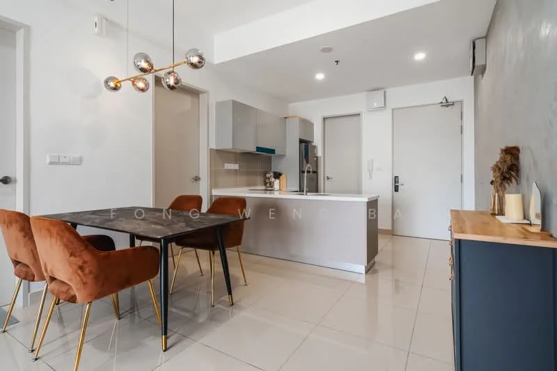 Dining features: dining table with marble top, 4 upholstered dining chairs in orange, pendant lamp with metallic finish, grey cabinetry, stainless-steel fridge, built-in oven, white walls, glossy tile flooring, open layout, decorative wall with grey texture, door leading to hallway, wall-mounted intercom; style: modern.