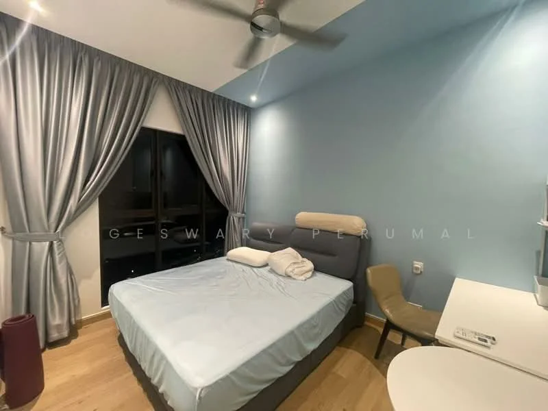Bedroom features: queen-size bed, upholstered headboard, light blue painted walls, grey curtains, floor-to-ceiling windows, wooden flooring, ceiling fan, study desk, chair; style: modern.