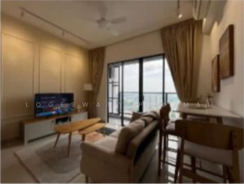 Living features: 3-seater fabric sofa in beige, 2 wooden coffee tables, wall-mounted TV, TV console, area rug, floor-to-ceiling windows, sliding glass door, curtains, ceiling fan, decorative wall art, light-colored walls, wooden flooring; style: modern; view: city.