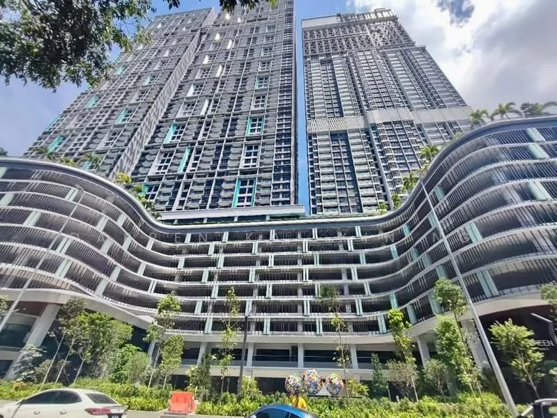 Exterior type: high-rise condominium; features: glass curtain wall, projecting balconies, greenery on balconies, multiple storeys, modern architectural design, manicured landscaping, outdoor art installation, surrounded by trees; style: modern.