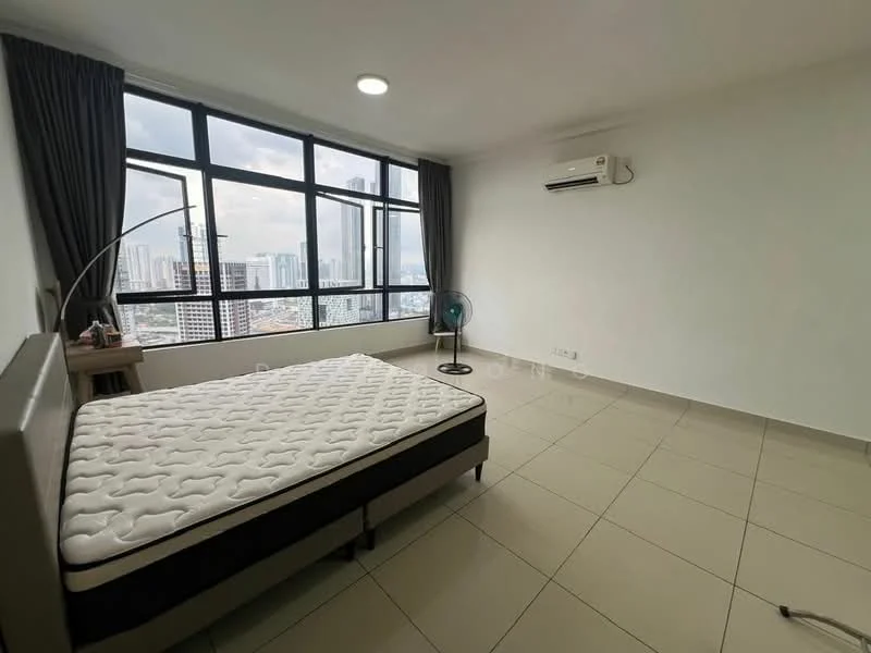 Bedroom features: queen-size bed frame without mattress, floor-to-ceiling windows, city view, light grey walls, light tile flooring, 1 wall-mounted split AC, curtains, ceiling light, nightstand, fan; style: modern; view: city.