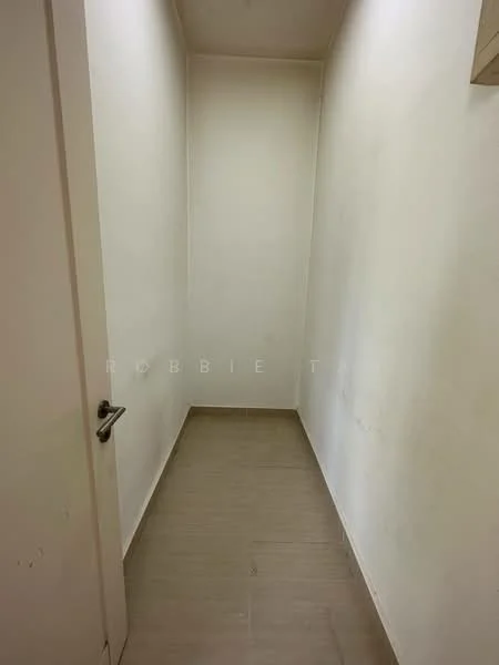Room features: white painted walls, light brown tiled flooring, single door, no visible windows, minimal decor; style: minimalist.
