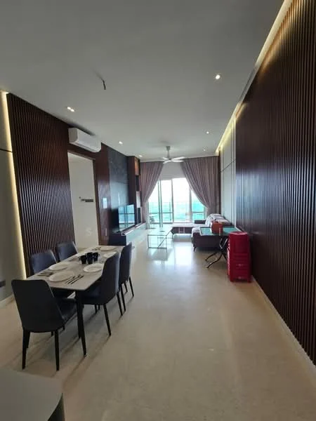 Dining features: dining table with 6 chairs, floor-to-ceiling windows, curtains, wood panel accent wall, recessed downlights, ceiling fan, marble flooring, TV console, open layout to living area, glass balcony door; style: modern; view: city.