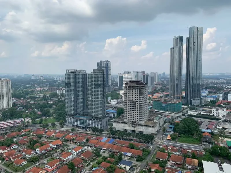 Exterior type: high-rise condominium; features: glass curtain wall, multiple high-rise buildings, surrounded by urban landscape, city skyline view, mixed-use development, green landscaping at base, rooftop amenities, adjacent to low-rise residential area; style: modern.
