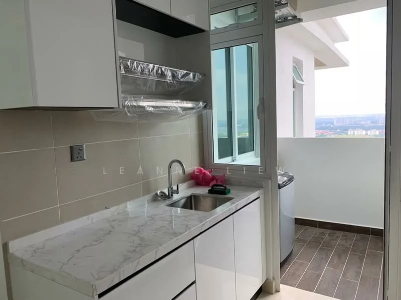 Kitchen features: white cabinetry, marble countertop, single-bowl stainless-steel sink, chrome pull-down faucet, wall-mounted shelving, window with city view, ceramic tile backsplash, grey tiled flooring; style: modern; view: city.