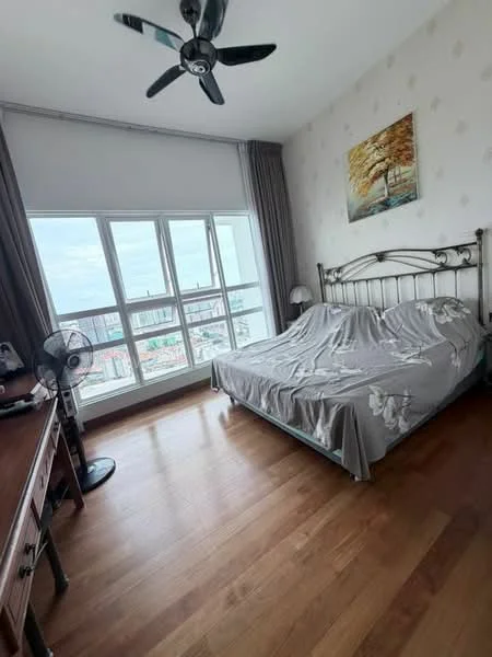 Bedroom features: king-size bed with grey bedding, wooden flooring, 5-blade ceiling fan, floor-to-ceiling windows, curtains, decorative wall art, wooden bedside table, desk with chair; style: modern; view: city.