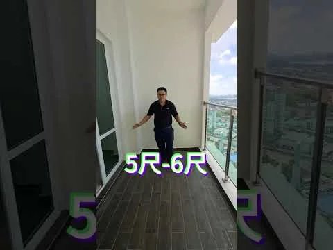 Room features: large balcony, glass railing, sliding glass doors, tile flooring, city view, white walls, natural light, open space; style: modern; view: city.