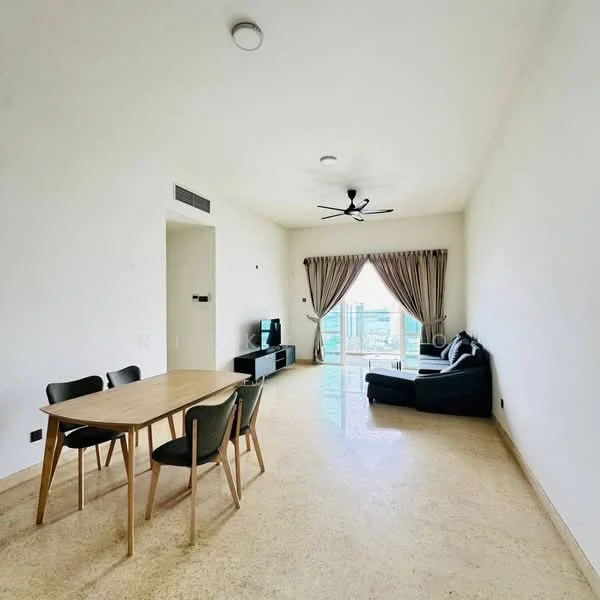 Living features: sofa in black, 3-seater fabric sofa, dining table with 4 chairs, TV console, wall-mounted TV, floor-to-ceiling windows, curtains in beige, ceiling fan, light-colored flooring, neutral painted walls; style: modern; view: city.
