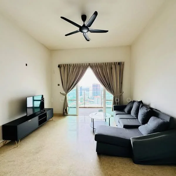 Living features: 3-seater fabric sofa in grey, glass coffee table, TV console in black, floor-to-ceiling windows, curtains in beige, ceiling fan with light, marble flooring, city view; style: modern; view: city.