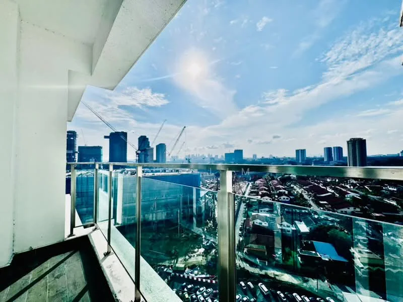 Room features: glass balcony railing, city skyline view, sunlight, concrete flooring, open sky, high-rise buildings in background, construction cranes visible, urban landscape; style: modern; view: city.