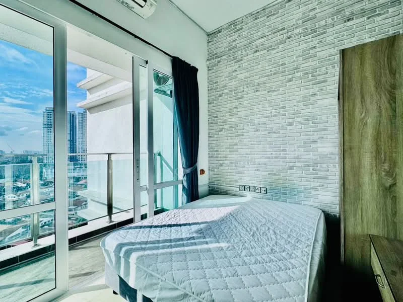 Bedroom features: floor-to-ceiling windows, sliding glass door, grey accent wall with stone cladding, cream painted walls, queen-size bed, wooden bedside table, curtains, air conditioning unit; style: modern; view: city.