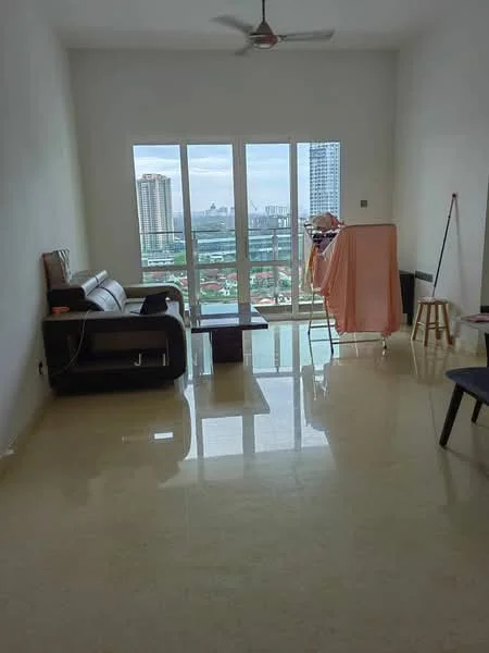 Living features: cream painted walls, polished marble flooring, 5-blade ceiling fan, floor-to-ceiling windows, city view, sofa, coffee table, clothes drying rack, stool; style: modern; view: city.
